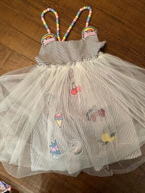 Lola + The Boys White Tulle Patchwork Dress with Rainbow Beaded Straps